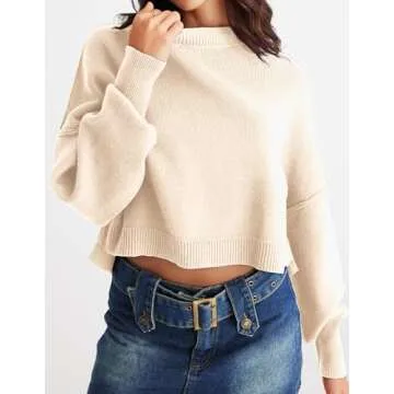 MEROKEETY Womens Crewneck Batwing Sleeve Cropped Sweater Oversized Side Slit Ribbed Knit Pullover Jumper Beige X-Small
