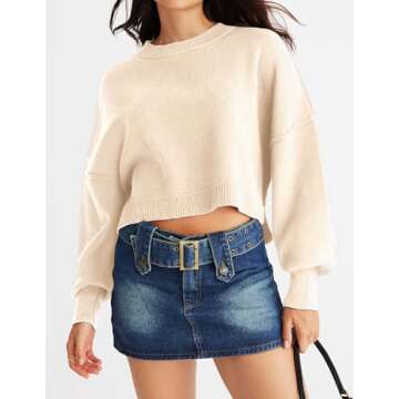 MEROKEETY Womens Crewneck Batwing Sleeve Cropped Sweater Oversized Side Slit Ribbed Knit Pullover Jumper Beige X-Small