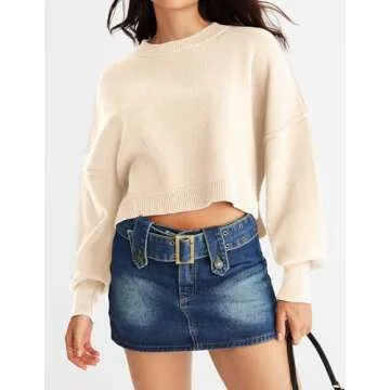 MEROKEETY Womens Crewneck Batwing Sleeve Cropped Sweater Oversized Side Slit Ribbed Knit Pullover Jumper Beige X-Small