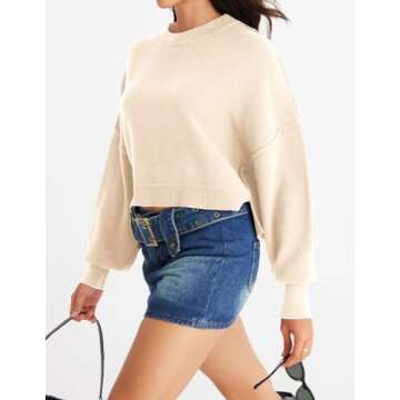 MEROKEETY Womens Crewneck Batwing Sleeve Cropped Sweater Oversized Side Slit Ribbed Knit Pullover Jumper Beige X-Small