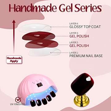 GLAMERMAID Dark Red Press On Nails Short Almond, Handmade Soft Jelly Gel Nail Tips Deep Burgundy Round Fake Nails, Deep Red Stick Glue on Nails for Women, Reusable Round Oval False Nail Kit