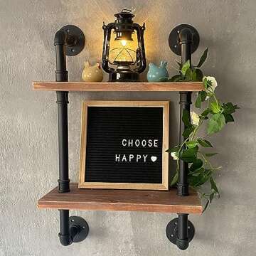 ROGMARS Industrial Pipe Floating Bathroom Shelves Rustic Wood Ladder Bookshelf Wall Mounted Rustic Wood Shelf for Living Room Decor and Storage 15 inch (2 Tier)