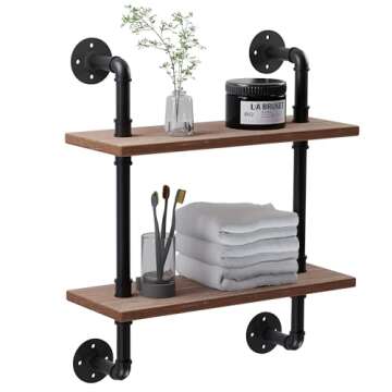 ROGMARS Industrial Pipe Floating Bathroom Shelves Rustic Wood Ladder Bookshelf Wall Mounted Rustic Wood Shelf for Living Room Decor and Storage 15 inch (2 Tier)