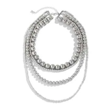 Jumwrit Dainty Layered Ball Beaded Choker Necklace Boho Chunky Bib Chain Necklace Punk Statement 4 Tier Long Pendant Necklace Accessories for Women (Silver)