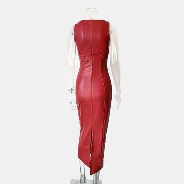 XLLAIS Women's Faux PU Leather Bodycon Maxi Dress Sexy Boatneck Tank Long Dresses (Red, Small)