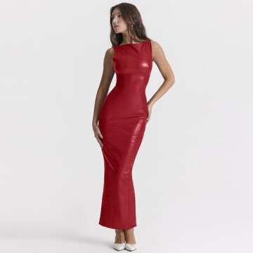 XLLAIS Women's Faux PU Leather Bodycon Maxi Dress Sexy Boatneck Tank Long Dresses (Red, Small)
