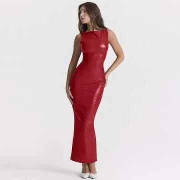 XLLAIS Women's Faux PU Leather Bodycon Maxi Dress Sexy Boatneck Tank Long Dresses (Red, Small)