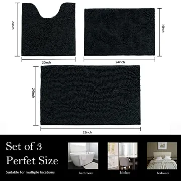 AINAHYVA Bathroom Rugs Chenille Bath mat 3 Piece Set, Super Absorbent, Strong PVC Non Slip Backing, Bath mats for Bathroom, Plush Shaggy, Thick, Machine Washable, Bathtub, Shower, Toilet, Black