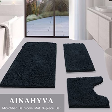 AINAHYVA Bathroom Rugs Chenille Bath mat 3 Piece Set, Super Absorbent, Strong PVC Non Slip Backing, Bath mats for Bathroom, Plush Shaggy, Thick, Machine Washable, Bathtub, Shower, Toilet, Black