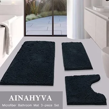 AINAHYVA Bathroom Rugs Chenille Bath mat 3 Piece Set, Super Absorbent, Strong PVC Non Slip Backing, Bath mats for Bathroom, Plush Shaggy, Thick, Machine Washable, Bathtub, Shower, Toilet, Black
