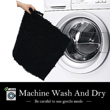 AINAHYVA Bathroom Rugs Chenille Bath mat 3 Piece Set, Super Absorbent, Strong PVC Non Slip Backing, Bath mats for Bathroom, Plush Shaggy, Thick, Machine Washable, Bathtub, Shower, Toilet, Black