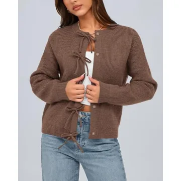 BTFBM Cardigan Sweaters for Women Trendy 2024 Fall Open Front Long Sleeve Button Down Bow Knot Cropped Lady Jacket(Brown, Small)