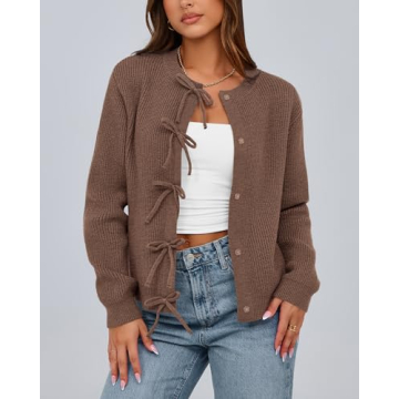 BTFBM Cardigan Sweaters for Women Trendy 2024 Fall Open Front Long Sleeve Button Down Bow Knot Cropped Lady Jacket(Brown, Small)