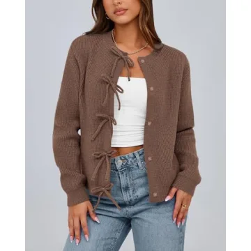 BTFBM Cardigan Sweaters for Women Trendy 2024 Fall Open Front Long Sleeve Button Down Bow Knot Cropped Lady Jacket(Brown, Small)