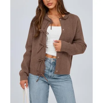 BTFBM Cardigan Sweaters for Women Trendy 2024 Fall Open Front Long Sleeve Button Down Bow Knot Cropped Lady Jacket(Brown, Small)