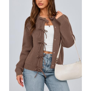 BTFBM Cardigan Sweaters for Women Trendy 2024 Fall Open Front Long Sleeve Button Down Bow Knot Cropped Lady Jacket(Brown, Small)