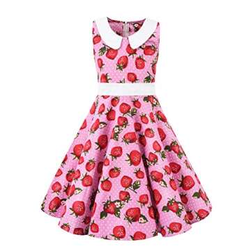 Girls Sleeveless Swing 50s Vintage Casual Pink Floral Strawberry Dresses Retro Peter Pan Collar A-Li...