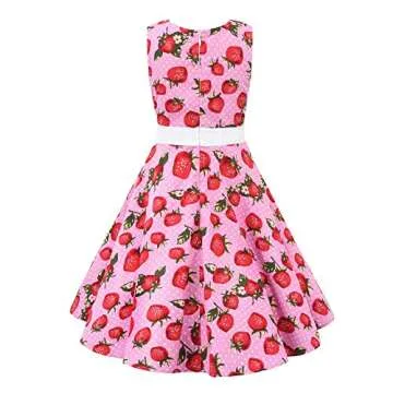 Girls Sleeveless Swing 50s Vintage Casual Pink Floral Strawberry Dresses Retro Peter Pan Collar A-Line Kids Tea Party Dresses Size 4 5 Years（CHW3026-S）