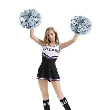 Hooshing 2PCS Silver Pom Poms Cheerleading with Baton Handle for Team Spirit School Sports Dance Cheering