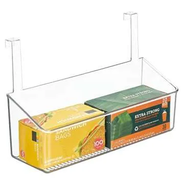 mDesign Plastic Kitchen Over Door Storage Basket Organizers for Kitchen Organization - Hanging Back of Door Holder Rack for Aluminum Foil, Plastic Wrap, or Sandwich Bags, Ligne Collection, Clear