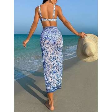BEAUDRM Women's 3 Piece Floral Print Bikini Triangle Swimsuit Bathing Suit with Beach Cover Up Skirt...