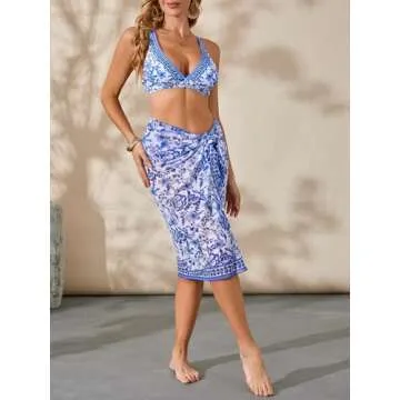 BEAUDRM Women's 3 Piece Floral Print Bikini Triangle Swimsuit Bathing Suit with Beach Cover Up Skirt Multicolor Medium