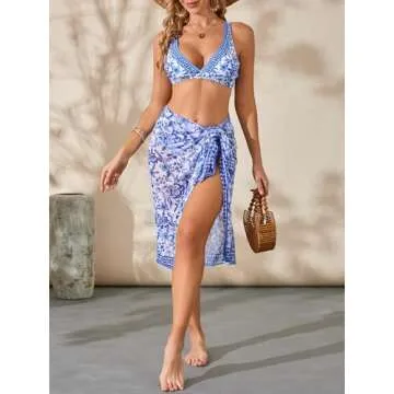 BEAUDRM Women's 3 Piece Floral Print Bikini Triangle Swimsuit Bathing Suit with Beach Cover Up Skirt Multicolor Medium