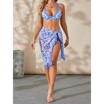 BEAUDRM Women's 3 Piece Floral Print Bikini Triangle Swimsuit Bathing Suit with Beach Cover Up Skirt Multicolor Medium