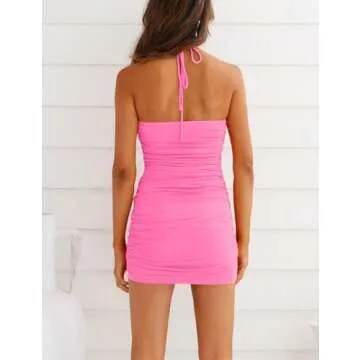 HOCILLE Women's Sexy Halter Bodycon Backless Ruched Spaghetti Strap Mini Club Party Dresses, Large, Neon Pink