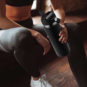 Straw Lid Compatible with Hydro Flask 32 oz 40 oz Wide Mouth Water Bottle, Replacement Lids with Straw, Flex Straw Cap Hydro Top Big Mouth Lid Accessories (Black)