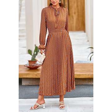 PRETTYGARDEN Women's Boho Floral Dress Elegant Long Sleeve V Neck Swing A Line Midi Dresses (Brown Blue Floral,Small)