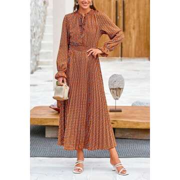 PRETTYGARDEN Women's Boho Floral Dress Elegant Long Sleeve V Neck Swing A Line Midi Dresses (Brown Blue Floral,Small)