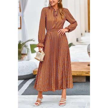 PRETTYGARDEN Women's Boho Floral Dress Elegant Long Sleeve V Neck Swing A Line Midi Dresses (Brown Blue Floral,Small)