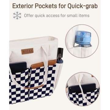 Nicav Canvas Tote Bags for Women, Large Utility Tote Bags with Pockets Zip Top for Teacher Nurse Work (White Checkered)