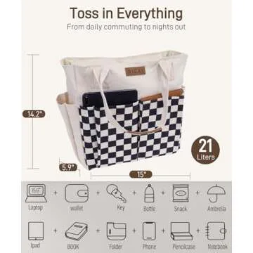 Nicav Canvas Tote Bags for Women, Large Utility Tote Bags with Pockets Zip Top for Teacher Nurse Work (White Checkered)