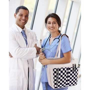 Nicav Canvas Tote Bags for Women, Large Utility Tote Bags with Pockets Zip Top for Teacher Nurse Work (White Checkered)
