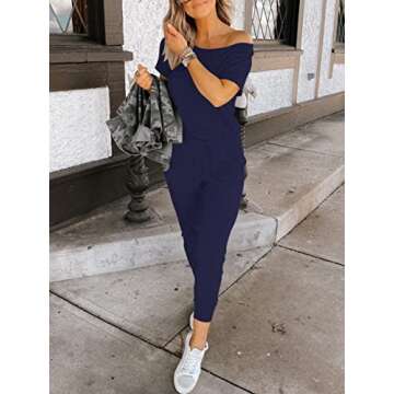 MILLCHIC Women's Loose Solid Off Shoulder Elastic Waist Stretchy Long Romper Jumpsuit with Pockets 20M3-zanglan-XL A-Navy