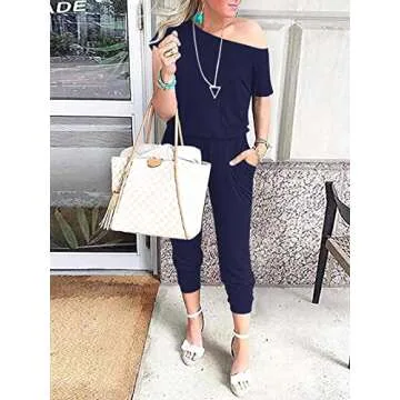 MILLCHIC Women's Loose Solid Off Shoulder Elastic Waist Stretchy Long Romper Jumpsuit with Pockets 20M3-zanglan-XL A-Navy