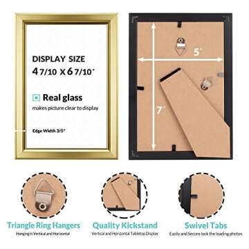 LaVie Home 5x7 Picture Frames (2 Packs, Gold) Simple Designed Photo Frame with High Definition Glass for Wall Mount & Table Top Display, Set of 2 Classic Collection