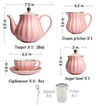 Sweejar Porcelain Tea Sets British Royal Series, 8 OZ Cups & Saucer Service for 6, with Teapot Sugar Bowl Cream Pitcher Teaspoons and Tea Strainer, Suitable for High Tea, Wedding, Party (Pink)