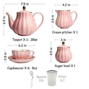 Sweejar Porcelain Tea Sets British Royal Series, 8 OZ Cups & Saucer Service for 6, with Teapot Sugar Bowl Cream Pitcher Teaspoons and Tea Strainer, Suitable for High Tea, Wedding, Party (Pink)