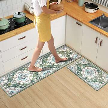 MATBAR Anti Fatigue Kitchen Mats for Floor 2 Piece Set Green Cushioned Kitchen Rugs Non-Skid Waterpr...