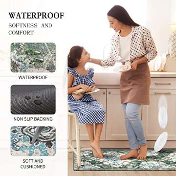 MATBAR Anti Fatigue Kitchen Mats for Floor 2 Piece Set Green Cushioned Kitchen Rugs Non-Skid Waterproof Boho Comfort Floor Mat Runner for Standing Office Laundry(17x29+17x59Inch)