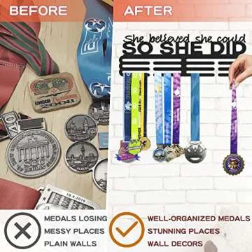 Medals Hanger Display Holder Rack 13.8 inches She Believed She Could Wall Mount Steel Frame Over 60 Medals-Sports Medal Hangers Racks Bib Ribbon with Easy Hanging Bars Black 3 Lines