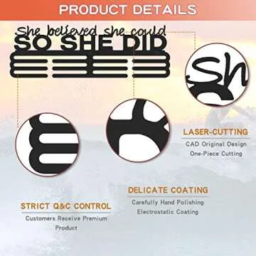 Medals Hanger Display Holder Rack 13.8 inches She Believed She Could Wall Mount Steel Frame Over 60 Medals-Sports Medal Hangers Racks Bib Ribbon with Easy Hanging Bars Black 3 Lines