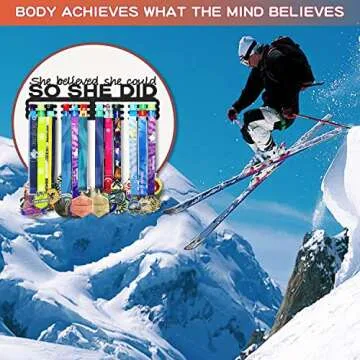 Medals Hanger Display Holder Rack 13.8 inches She Believed She Could Wall Mount Steel Frame Over 60 Medals-Sports Medal Hangers Racks Bib Ribbon with Easy Hanging Bars Black 3 Lines