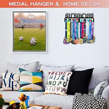 Medals Hanger Display Holder Rack 13.8 inches She Believed She Could Wall Mount Steel Frame Over 60 Medals-Sports Medal Hangers Racks Bib Ribbon with Easy Hanging Bars Black 3 Lines