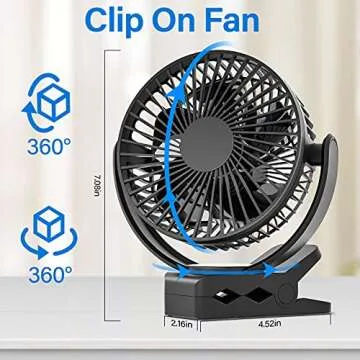 Svinkal Personal usb Fan 5000mAh Battery Operated with Suction fixation 6in, 3 Speeds, 720 adjustment, Portable Fan for Table, Bedroom, Desk, Camping, Stroller, Golf Cart