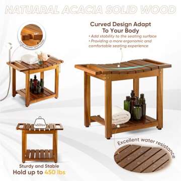 BLUEWEST Shower Bench Seat with Storage Shelf, Natural Wood Shower Benches for Inside Shower to Sit ...