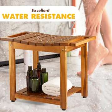 BLUEWEST Shower Bench Seat with Storage Shelf, Natural Wood Shower Benches for Inside Shower to Sit on, Waterproof Bathroom Spa Bench Stool for Legs Shaving with Built-in Handle & Shower Head Holder